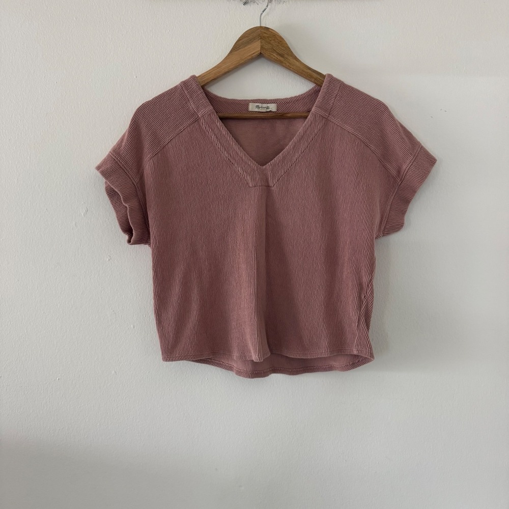 Madewell 100% Cotton Ribbed V-Neck Top Dusty Rose Pink Boxy Short Sleeve Small